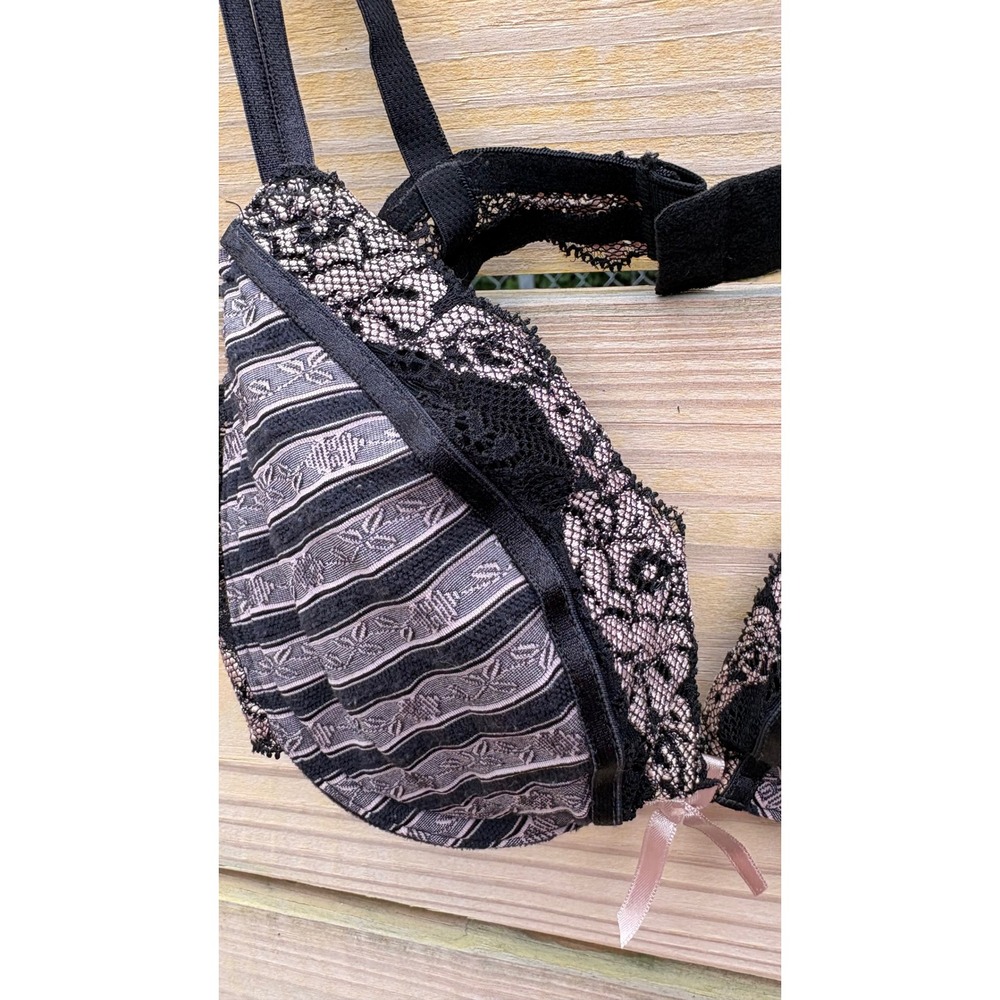 Passionata Lingerie Black Pink Striped Lace Underwire Bra 34C Made in France - Picture 3 of 7
